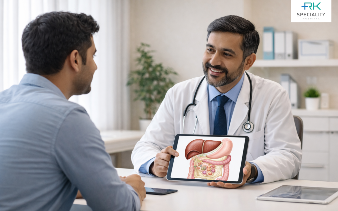 “Doctor explaining gallbladder stone symptoms and treatment options to a patient at RK Speciality Hospital consultation room.”