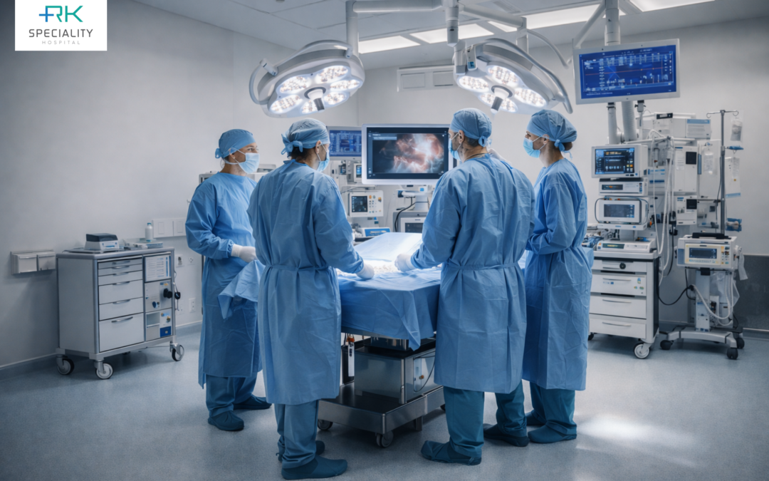 “Surgical team preparing for hernia surgery in a modern operation theatre at RK Speciality Hospital.”